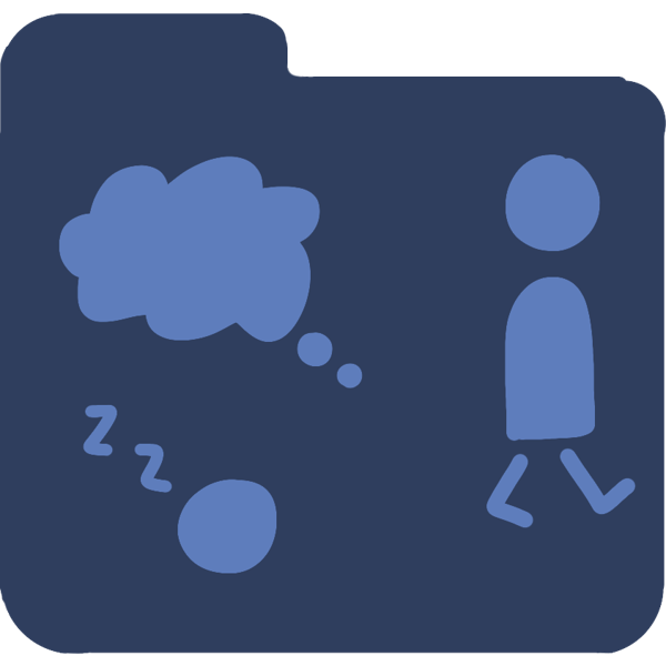 a dark blue folder with a tab on the left, in the folder is light blue drawings, one of a circle with "zzz", one is a thought bubble and the other is a person walking